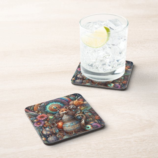 Boho Fox Racoon Floral Design Coaster (Right Side)
