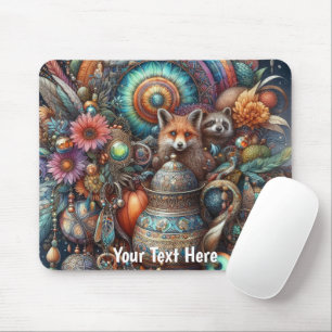 Boho Fox Racoon Floral Design Mouse Pad