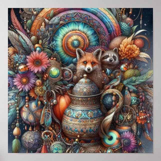 Boho Fox Racoon Floral Design Poster (Front)