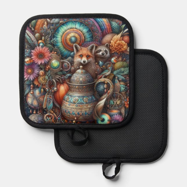 Boho Fox Racoon Floral Design Pot Holder (Front/Back)