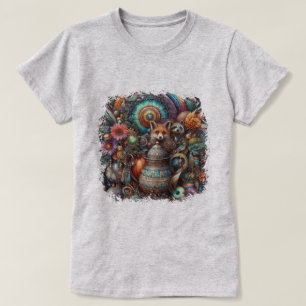 Boho Fox Racoon Floral Design T-Shirt