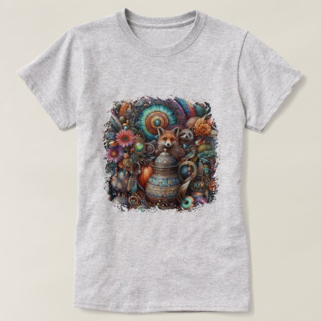 Boho Fox Racoon Floral Design T-Shirt (Design Front)