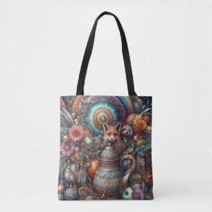 Boho Fox Racoon Floral Design Tote Bag