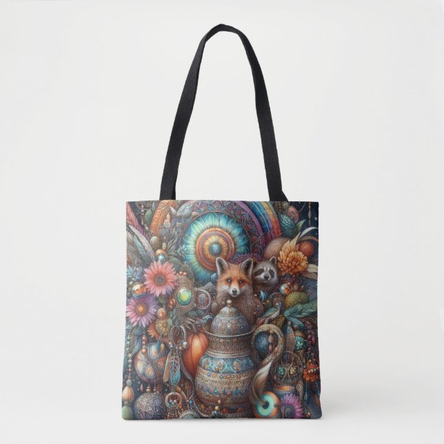 Boho Fox Racoon Floral Design Tote Bag (Front)