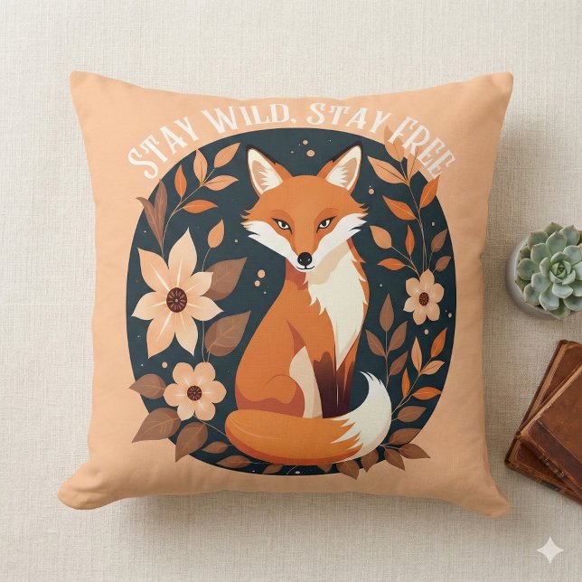 Boho Fox "Stay Wild, Stay Free" Woodland Design Cushion (Boho Fox Stay Wild, Stay Free Woodland Design Throw Pillow Mockup A)