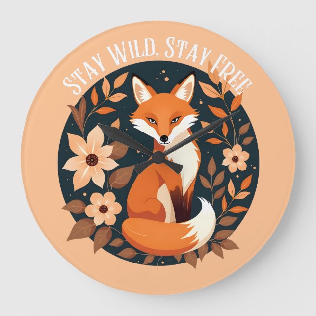 Boho Fox "Stay Wild, Stay Free" Woodland Design Large Clock (Front)