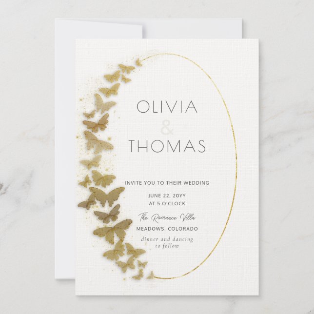 Boho Frame Modern Gold Sparkle Butterflies Wedding Invitation (Front)