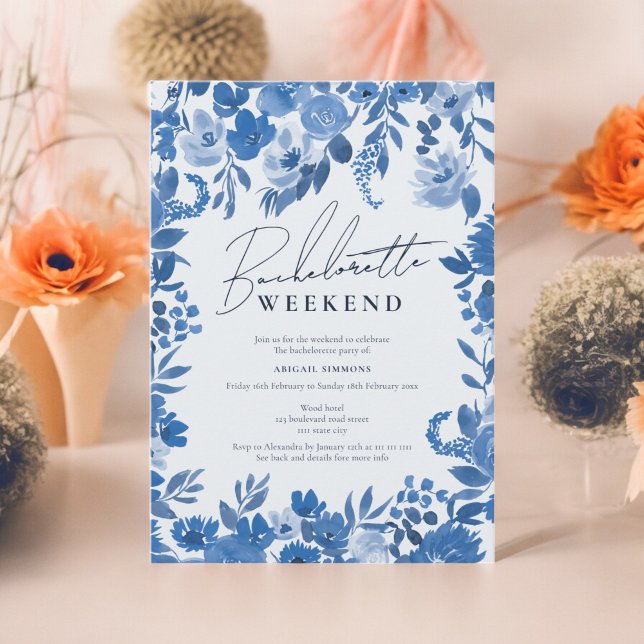 Boho French blue hand painted bachelorette weekend Invitation (Boho French blue hand painted bachelorette weekend Invitation)