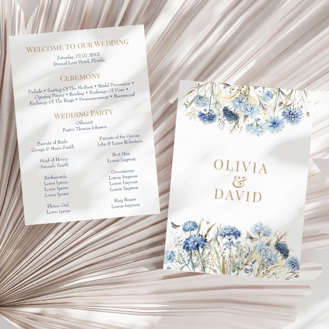 Boho French Blue Wildflower Meadow Wedding Program Invitation (Boho French Blue Wildflower Meadow Wedding Program on a sunny neutral dry palm leaf.)