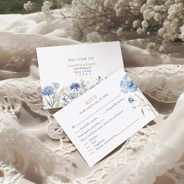 Boho French Blue Wildflowers Wedding RSVP Card (Boho French Blue Wildflowers Wedding RSVP Card on a boho whit wedding table with flowers.)