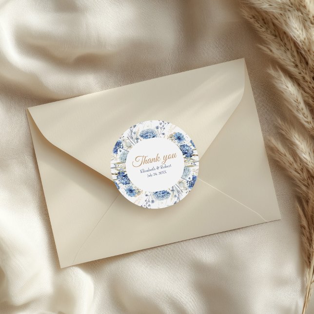 Boho French Blue Wildflowers  Wedding Thank You  Classic Round Sticker (Boho French Blue Wildflowers Wedding Thank You Classic Round Sticker on a small envelope)