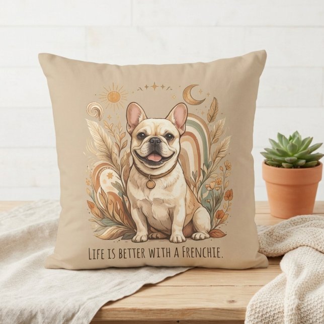 Boho French Bulldog Sun and Moon Cushion (A boho Frenchie accent for a dog lover's home decor, perfect for a cozy birthday gift.)