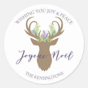 Boho French Christmas Joy Reindeer Typography Classic Round Sticker