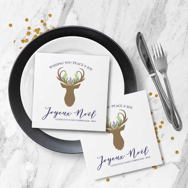 Boho French Christmas Reindeer Joy Noel Typography Napkin (Boho French Christmas Reindeer Joy Noel Typography Napkins)