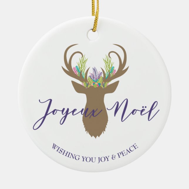 Boho French Christmas Reindeer Joyeaux Noel Photo Ceramic Tree Decoration (Front)