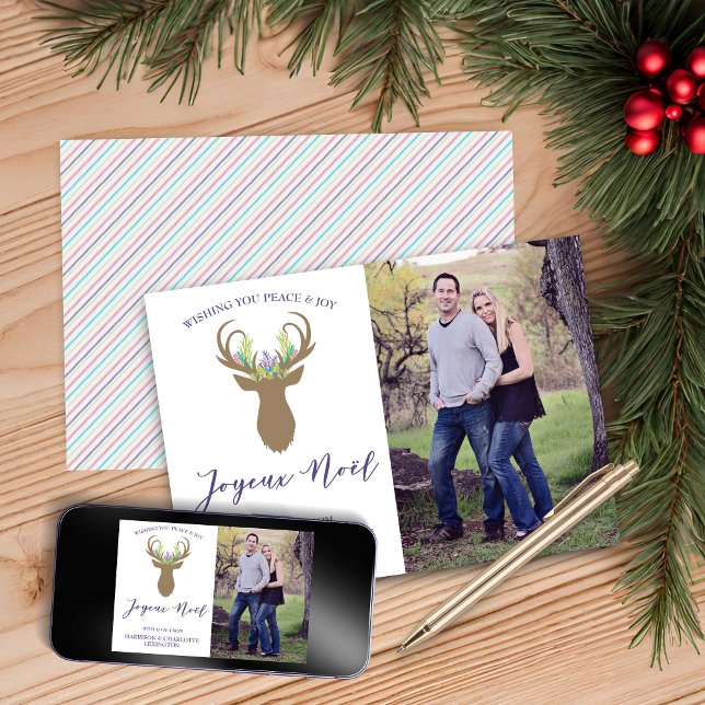 Boho French Christmas Reindeer Joyeux Noel Photo Holiday Card (French Christmas Reindeer Joyeux Noel Photo Holiday Card)