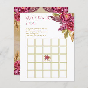 Boho Fuchsia Peony Blooms Baby Shower Bingo Card