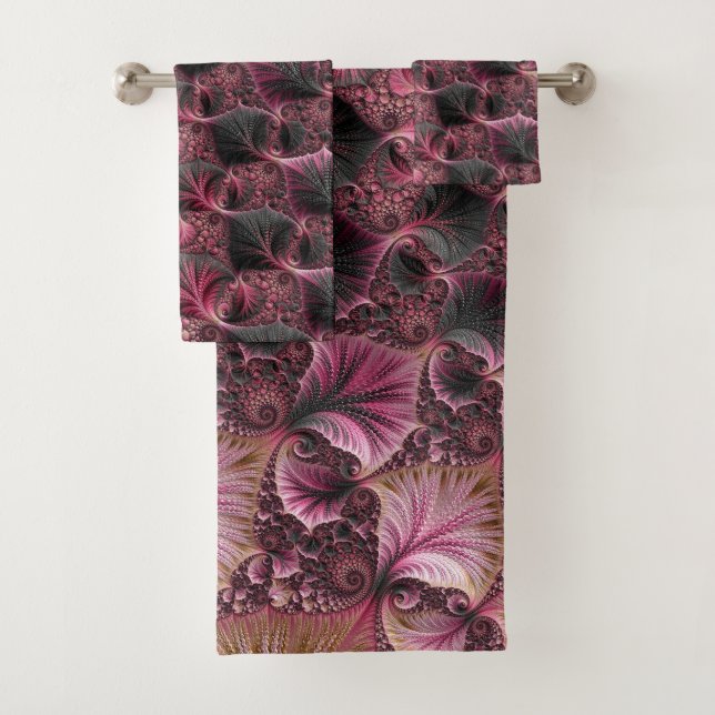 Boho Funky Eclectic Pink Black Abstract Fractal Bath Towel Set (Insitu)