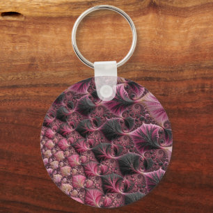 Boho Funky Eclectic Pink Black Abstract Fractal Key Ring