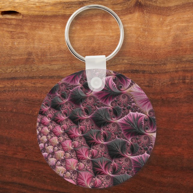 Boho Funky Eclectic Pink Black Abstract Fractal Key Ring (Front)