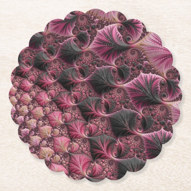 Boho Funky Eclectic Pink Black Abstract Fractal Paper Coaster (Front)