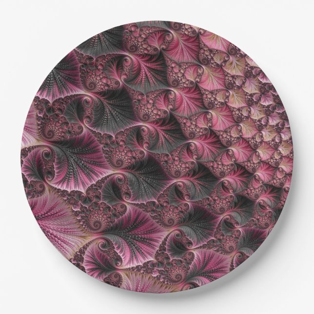 Boho Funky Eclectic Pink Black Abstract Fractal Paper Plate (Front)