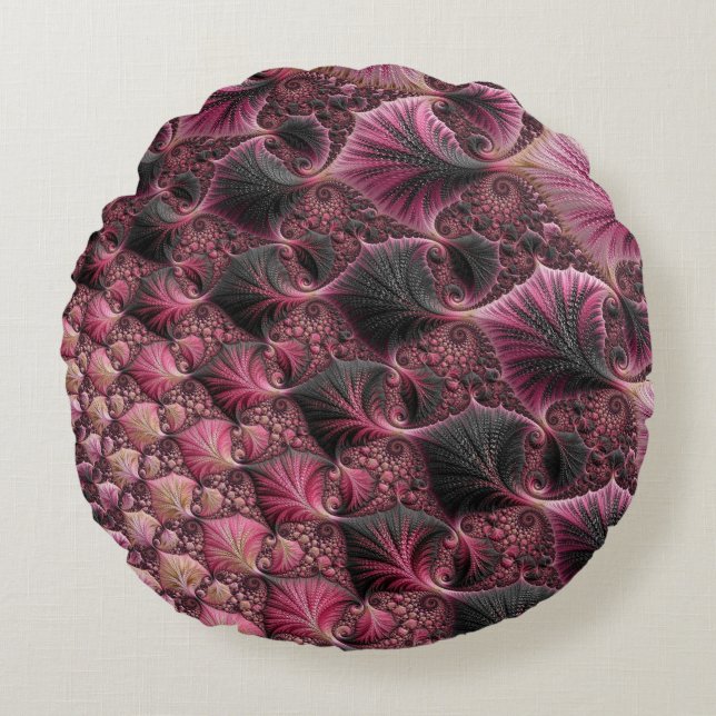 Boho Funky Eclectic Pink Black Abstract Fractal Round Cushion (Front)