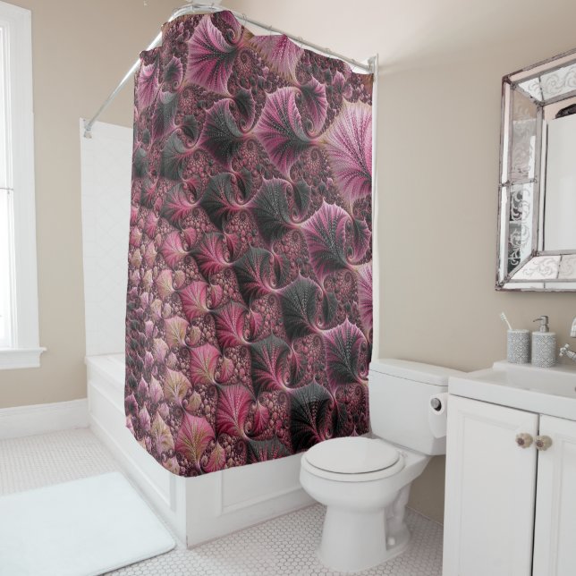 Boho Funky Eclectic Pink Black Abstract Fractal Shower Curtain (In Situ)