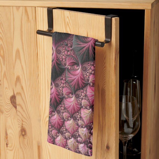 Boho Funky Eclectic Pink Black Abstract Fractal Tea Towel (Thirds Fold)
