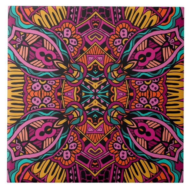 Boho Funky Trendy Retro Abstract Pattern Tile (Front)