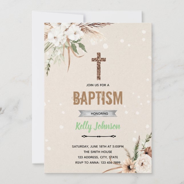 Boho garden baptism theme invitation (Front)