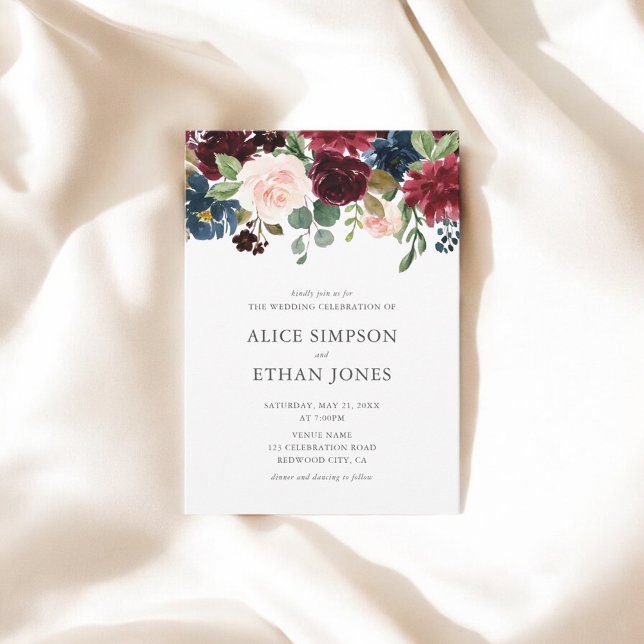 Boho Garden Burgundy Blue Fall Wedding Invitation (Creator Uploaded)