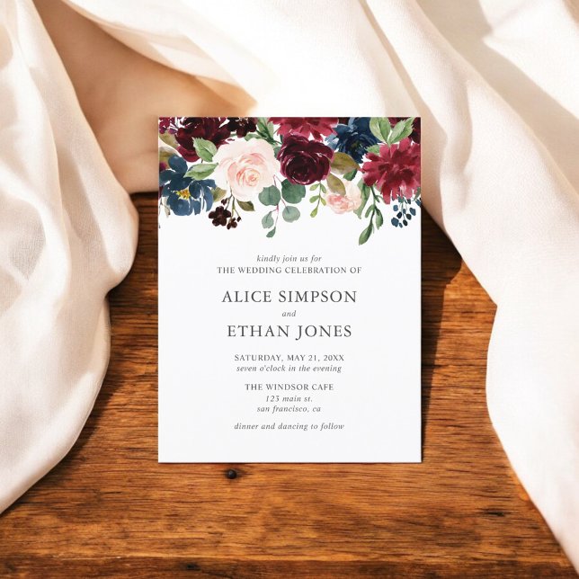 Boho Garden Burgundy Blue Floral Wedding Invitation Postcard (Creator Uploaded)
