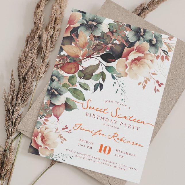 Boho Garden Floral Sweet 16 Birthday Party Invitation (Boho Garden Floral Sweet 16 Birthday Party Invitation)