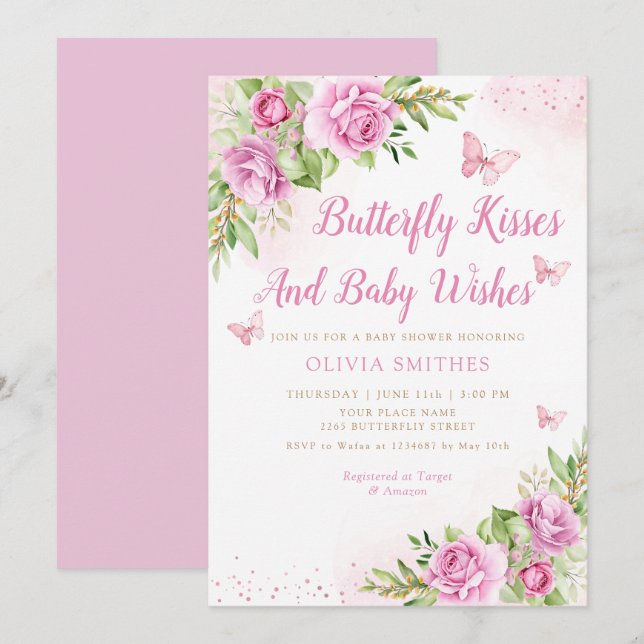 Boho Garden Pink Butterfly Kisses Girl Baby Shower Invitation (Front/Back)