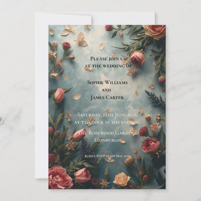 Boho Garden Rose Floral Wedding Invitation | Teal (Front)