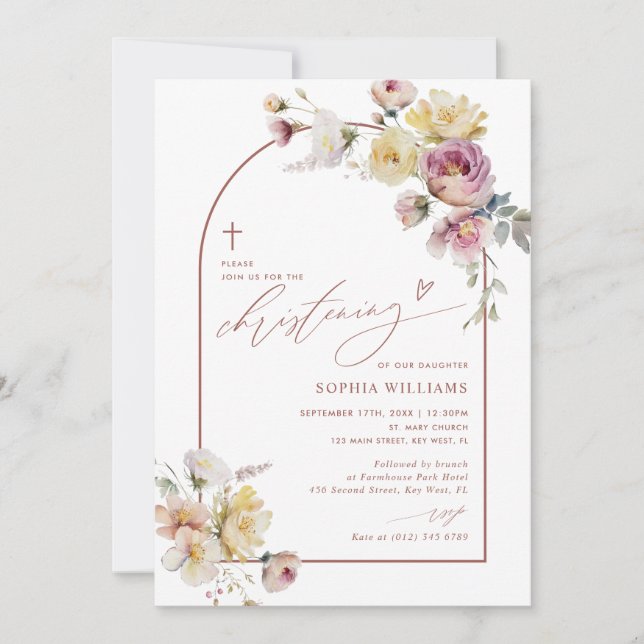 Boho Garden Rose Flowers Christening Invitation (Front)