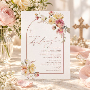 Boho Garden Rose Flowers Christening Invitation