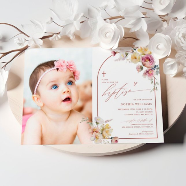 Boho Garden Rose Flowers Photo Girl Baptism Invitation (Creator Uploaded)