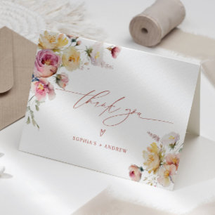 Boho Garden Rose Flowers Wedding Thank You Card