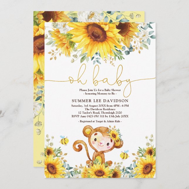 Boho Garden Sunflowers Jungle Monkey Baby Shower Invitation (Front/Back)