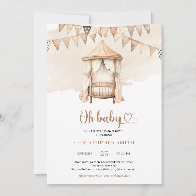 Boho gender neutral baby crib brown & ivory tan invitation (Front)