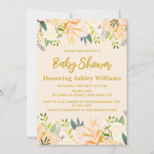Boho Gender Neutral Baby Shower Ivory Gold Floral  Invitation