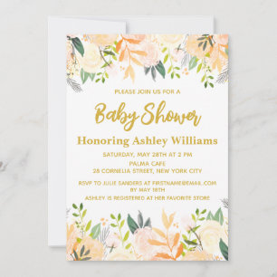 Boho Gender Neutral Baby Shower White Gold Floral Invitation