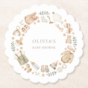 Boho Gender Neutral Vintage Baby Clothes Shower Paper Coaster