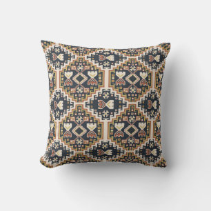 Boho Geometric Black Yellow Tan Pattern Cushion