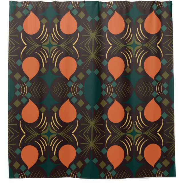 Boho Geometric Diamond Brown Pattern Fabric Shower Curtain (Front)
