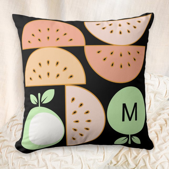 Boho Geometric Fruit Monogram Mid-Century Modern Cushion (A monogrammed throw pillow inspired by mid-century modern style, with melon and apple fruit shapes)