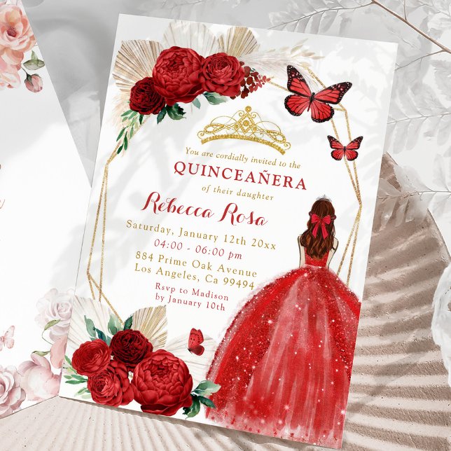 Boho Geometric Gold and Red Roses Quinceañera Invitation (Creator Uploaded)