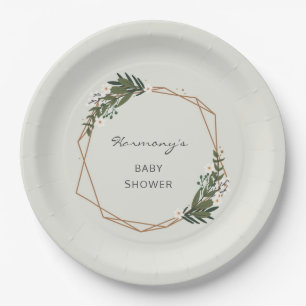 Boho Geometric Greenery Gender Neutral Baby Shower Paper Plate